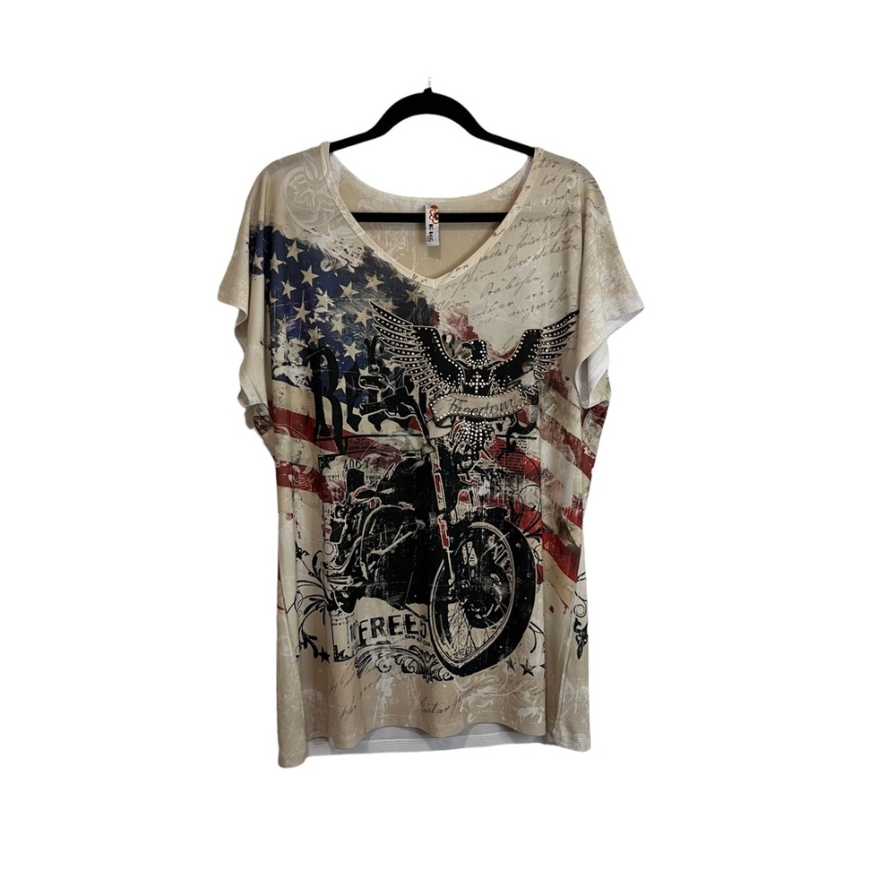 Big Bang USA Motorcycle Eagle American Flag Embellished Short Sleeve Top Size L